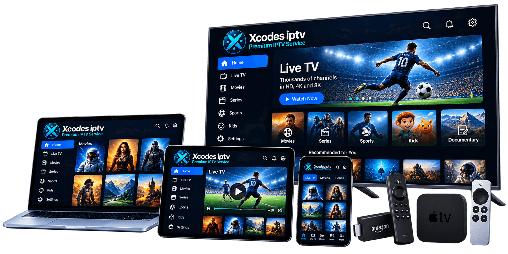 XCodes IPTV app home screen with Live TV, Movies, Series and TV guide menus on a TV, laptop, tablet and phone